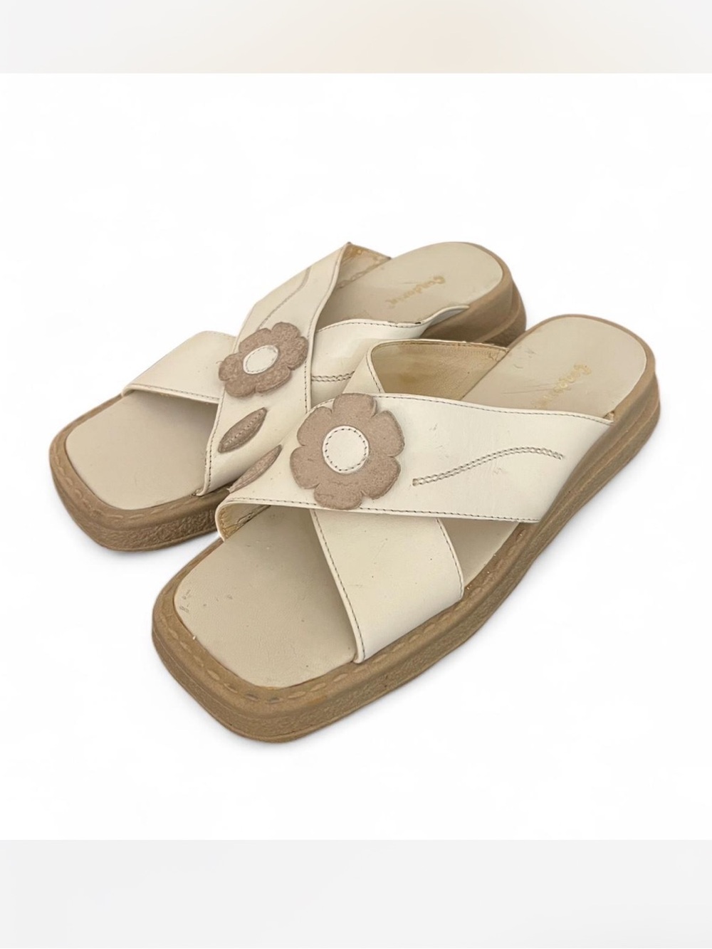 Cream Leather Floral Cross-Strap Slide Sandals 24.5 EU / 7.5 US